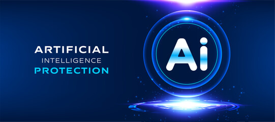 Artificial intelligence protection technology background with glowing AI symbol on dark blue futuristic interface. Modern AI security vector banner for presentation, cybersecurity © StudioPixel2