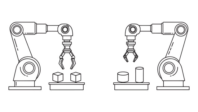 Industrial robotic arms handling objects in automated manufacturing production line outline