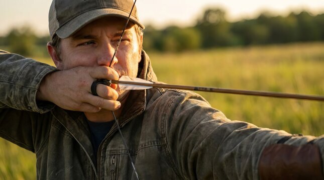 Man in camouflage jacket aiming a traditional bow and arrow in a field during sunset.