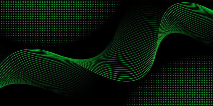 Abstract black background with dynamic green flowing waves and halftone dot patterns. Modern tech-inspired design perfect for digital banners, futuristic wallpapers, and creative layouts.