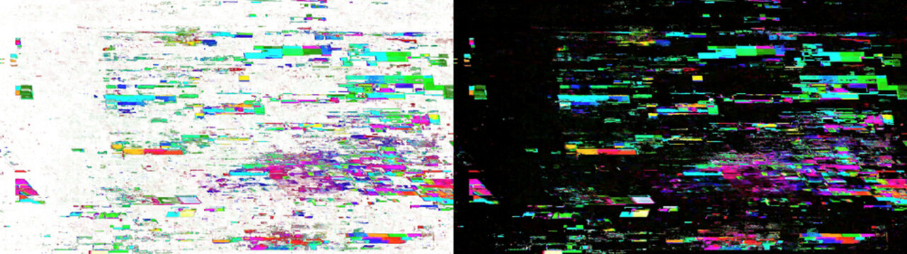 Digital glitch texture with colorful pixel fragments isolated on transparent background