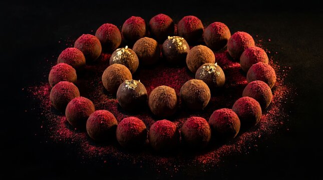 Assorted dark and ruby chocolate truffles arranged in a circle on a dark background.