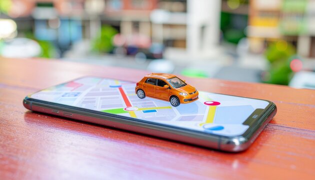 Smartphone with GPS Navigation and Toy Car uber car