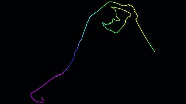 Abstract rainbow cricket player neon glowing outline motion graphic isolated on black background cinematic animation showing dynamic batting action sequence for sports visual media design.