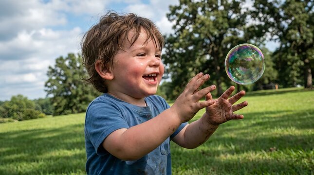 Happy little boy playing with soap bubbles in a sunny green park.