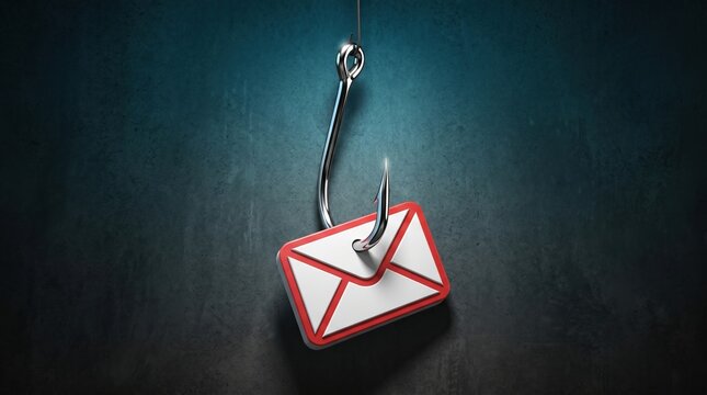 Email envelope hanging on a sharp metal fishhook with phishing envelope security internet correspondence deception