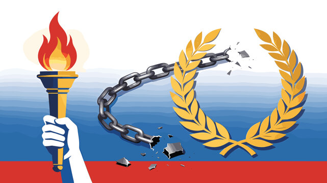 A hand holds a flaming torch, connected by a broken chain to a shattered laurel wreath, set against a red, white, and blue background.