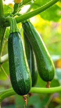 Fresh green zucchini vegetables growing on a plant with natural background