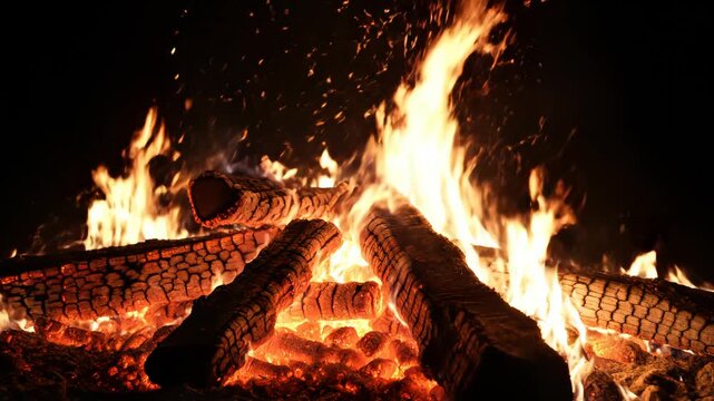 Burning logs with flames and sparks ideal for sleek commercial backgrounds and title sequences