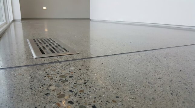 Polished concrete floor with exposed aggregate and metal vent in modern interior space.