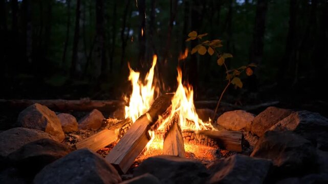 A warm and cozy campfire burns brightly in a forest clearing surrounded by rocks and trees at dusk or dawn