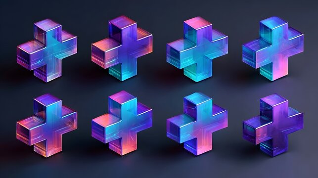 3d set of holographic glass cross symbols. Health icons with purple blue gradient for medical app, healthcare website, hospital or pharmacy design. Math plus sign, addition operation 