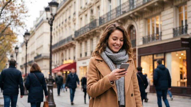 Happy woman walking on european city street using her mobile phone with technology lifestyle communication shopping