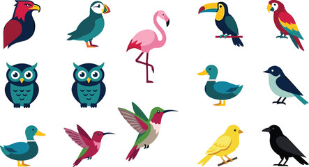Fototapeta premium Colorful Tropical Bird Collection Featuring Flamingo Toucan Parrot Owl Duck Raven and Hummingbird in Cute Flat Vector Illustration Set