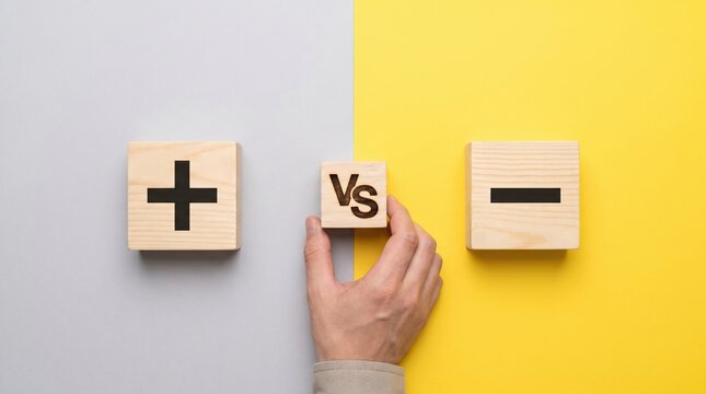 Hand choosing between positive plus and negative minus wooden blocks on contrasting grey and yellow split surface