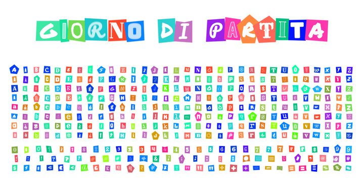 GIORNO DI PARTITA, alfabeto stile lettera di riscatto con lettere ritagliate da riviste, set di caratteri tipografici colorati per design sportivo