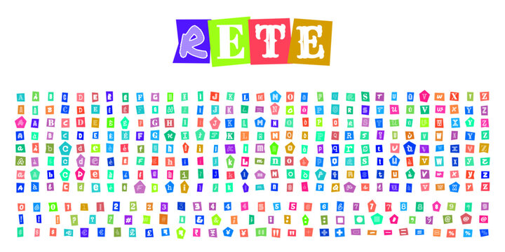 Rete, lettere e numeri in stile ritaglio di giornale, set di caratteri colorati per design creativo, tipografia stile riscatto