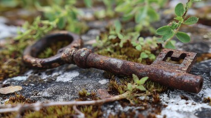 Fototapeta premium A rusty old key lies on a mossy stone surface surrounded by small green plants and twigs.