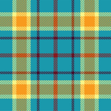 Vibrant teal, yellow, and orange plaid pattern with red and purple accents, creating a classic tartan fabric design.