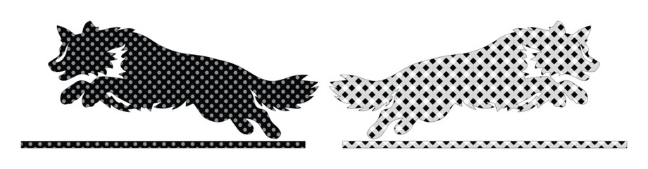 Vintage halftone wolf silhouette set, jumping wild animal vector graphics, retro black and white canine icons for outdoors branding and logo design © Carter