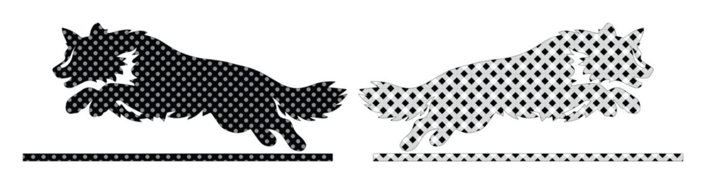 Vintage halftone wolf silhouette set, jumping wild animal vector graphics, retro black and white canine icons for outdoors branding and logo design