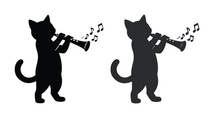 Black cat silhouette playing clarinet, musical kitten blowing woodwind instrument with notes, feline musician vector illustration set © Carter