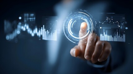 Naklejka premium Businessman uses virtual smart dashboard analyzing business data and Data Management System with KPI and financial banking growth graph chart report. Planning and business strategy, Digital marketing