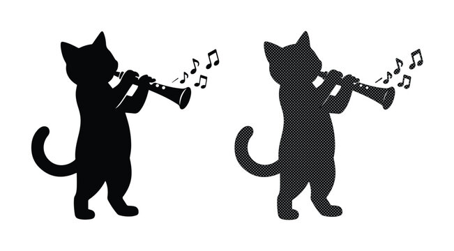 Black cat silhouette playing clarinet, musical kitten blowing woodwind instrument with notes, feline musician vector illustration set