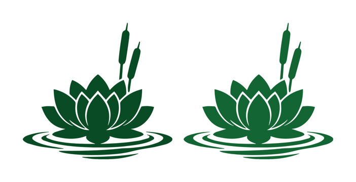 Green lotus flower vector icons, blooming water lily with cattails and pond ripples, zen botanical floral silhouettes for spa and wellness branding