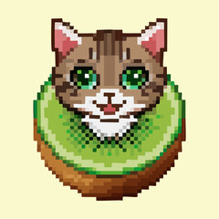 Fototapeta premium Brown tabby cat face inside a kiwi fruit slice pixel art for unique food and pet fusion character designs for stickers