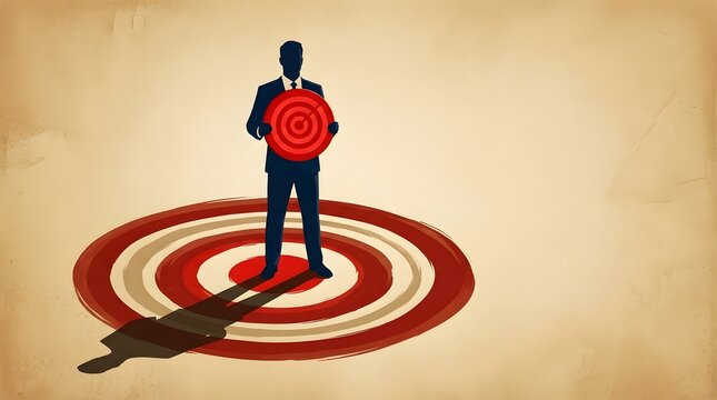 
Businessman silhouette in suit standing on large red bullseye target with target symbol on chest on beige background, business goal achievement, corporate focus strategy, vulnerability attack victim