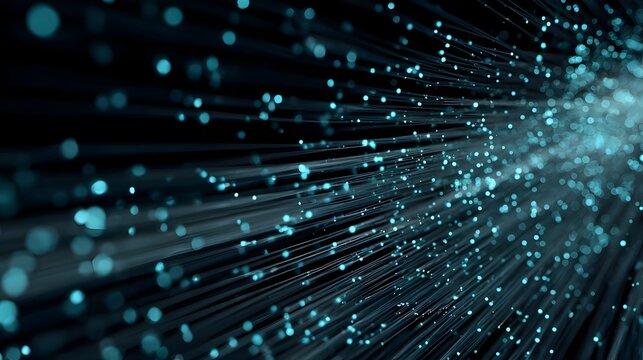 Closeup of Big data light speed flow outwards left corner. Abstract digital data stream of quantum computing. Cyberspace of qubit trail waves. Modern tech information transmission. Ai neural network