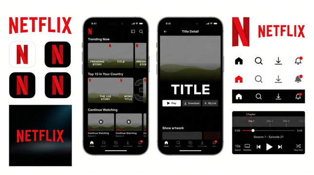Netflix App UI UX Design Mockup Set - Professional Mobile Interface with Video Player, Brand Logo Icons, and Navigation Elements. Isolated Kit for Streaming Service Application Template Graphic.