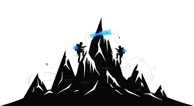 Two climbers ascend a challenging mountain peak, symbolizing achievement and adventure.