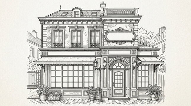 Vintage Building Facade Drawing with Shops and Windows.