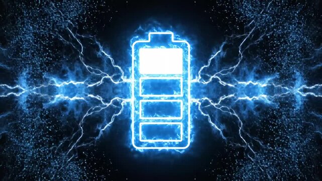 Glowing blue neon battery charging icon with electric sparks.
