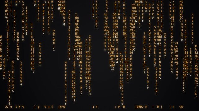 Amber matrix code rain with falling glyphs digits letters and symbols on dark background, cyber hacker programming digital tech abstract background, seamless loop animation