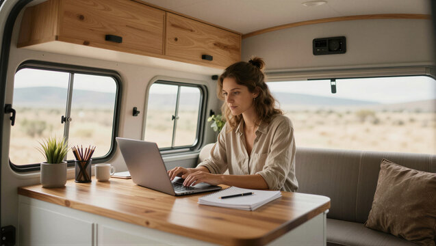 Woman works calmly on laptop inside cozy camper van. Soft natural light streams through windows. Desert landscape stretches beyond the van's view. Her focused gaze shows dedication and peace