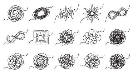 Chaotic scribble tangle and doodle line set with maze spiral and infinity shapes representing confusion complexity and mental stress © Abdul