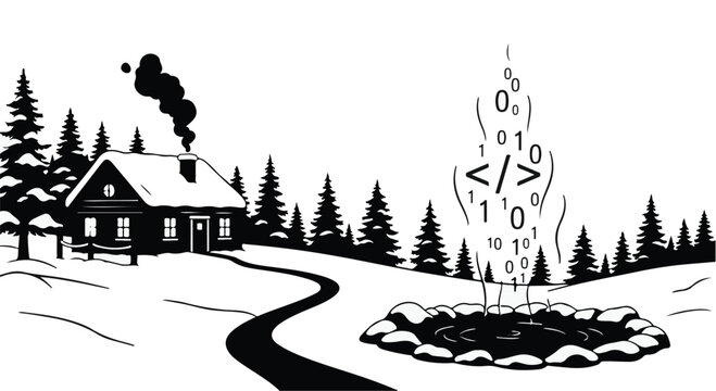 Cozy cabin in winter landscape with steam of binary code rising from a hot spring.