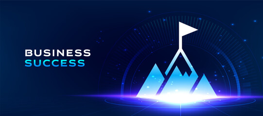 Business success technology background with glowing mountain achievement symbol on dark blue futuristic interface. Modern business growth vector banner for presentation, leadership, target © StudioPixel2
