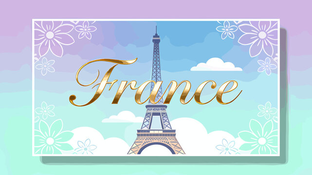 Whimsical illustration of the iconic Eiffel Tower in France with elegant golden lettering and decorative flowers against a pastel sky.