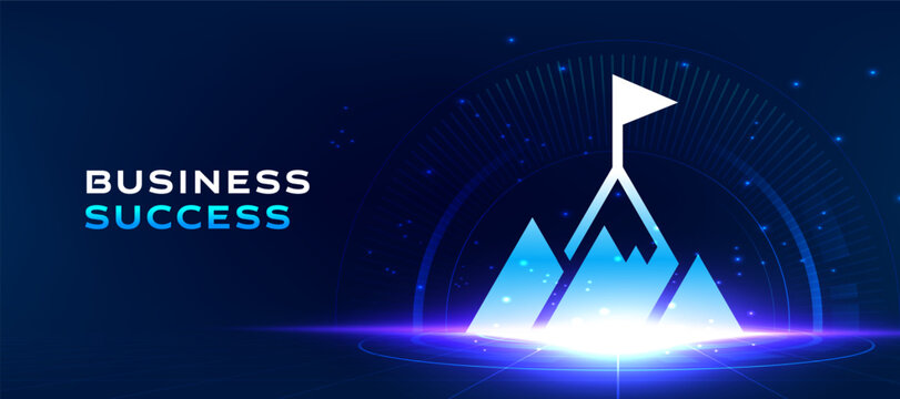 Business success technology background with glowing mountain achievement symbol on dark blue futuristic interface. Modern business growth vector banner for presentation, leadership, target