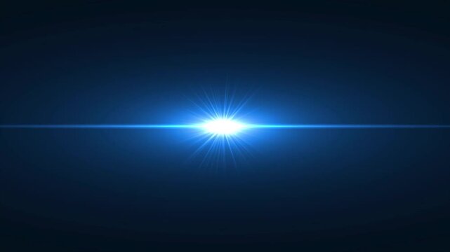 Blue anamorphic lens flare effect, bright optical light streak glitch, horizontal sci-fi glow overlay element on dark black background, motion graphics.