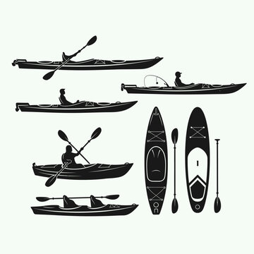 Kayak Silhouettes: Outdoor Adventure Set, Canoeing, Paddling Sports Vector