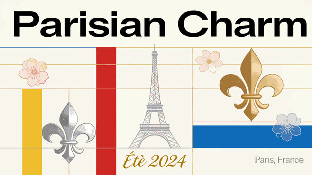 A graphic design featuring the Eiffel Tower, fleur-de-lis symbols, and floral accents, with "Parisian Charm" and "Et&eacute; 2024 Paris, France" text, evoking French summer.