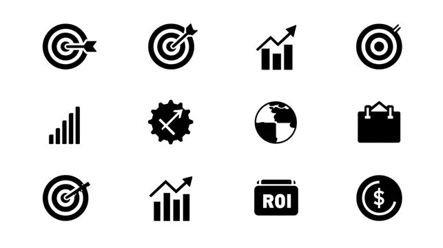 Goals and Business Success solid icon set. Includes symbols for Target Goal, Milestone, KPI Dashboard, and ROI. Solid vector icons for mission statement, performance metrics, and career growth. 