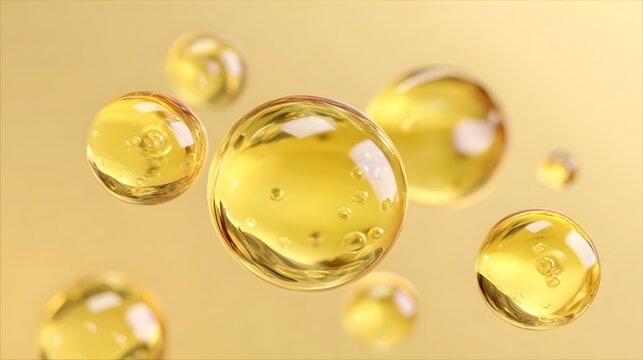 Gold argan oil drops with bubbles 3d render set. Honey, liquid serum, collagen gel or retinol vitamin balls. Clear yellow blobs of hyaluronic essence or keratin for skin or hair care 