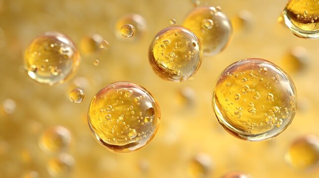 Gold argan oil drops with bubbles 3d render set. Honey, liquid serum, collagen gel or retinol vitamin balls. Clear yellow blobs of hyaluronic essence or keratin for skin or hair care 