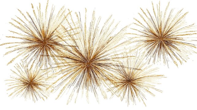 Golden firework texture, thin stroke lines. Isolated illustration, white background background. Design for overlay, montage, texture. Happy new year concept. Stock Illustration